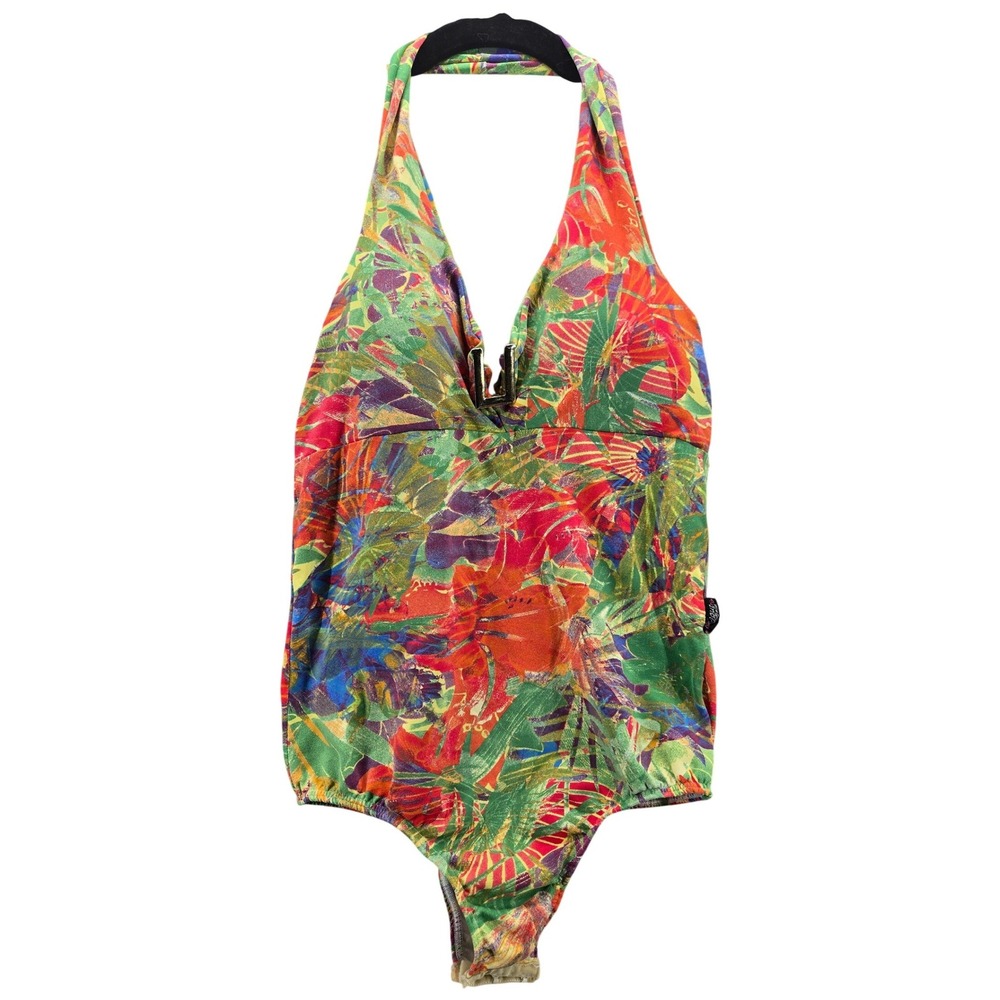 Vtg Gout Bella Tropical Floral Halter Bodysuit Gold Hardware Made in Brazil XS/S